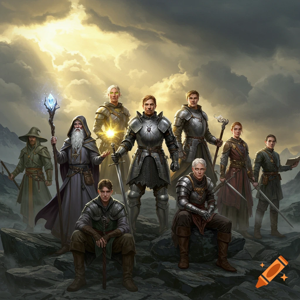 Group of fantasy characters including knights and wizards posed on rocks under dramatic sky.
