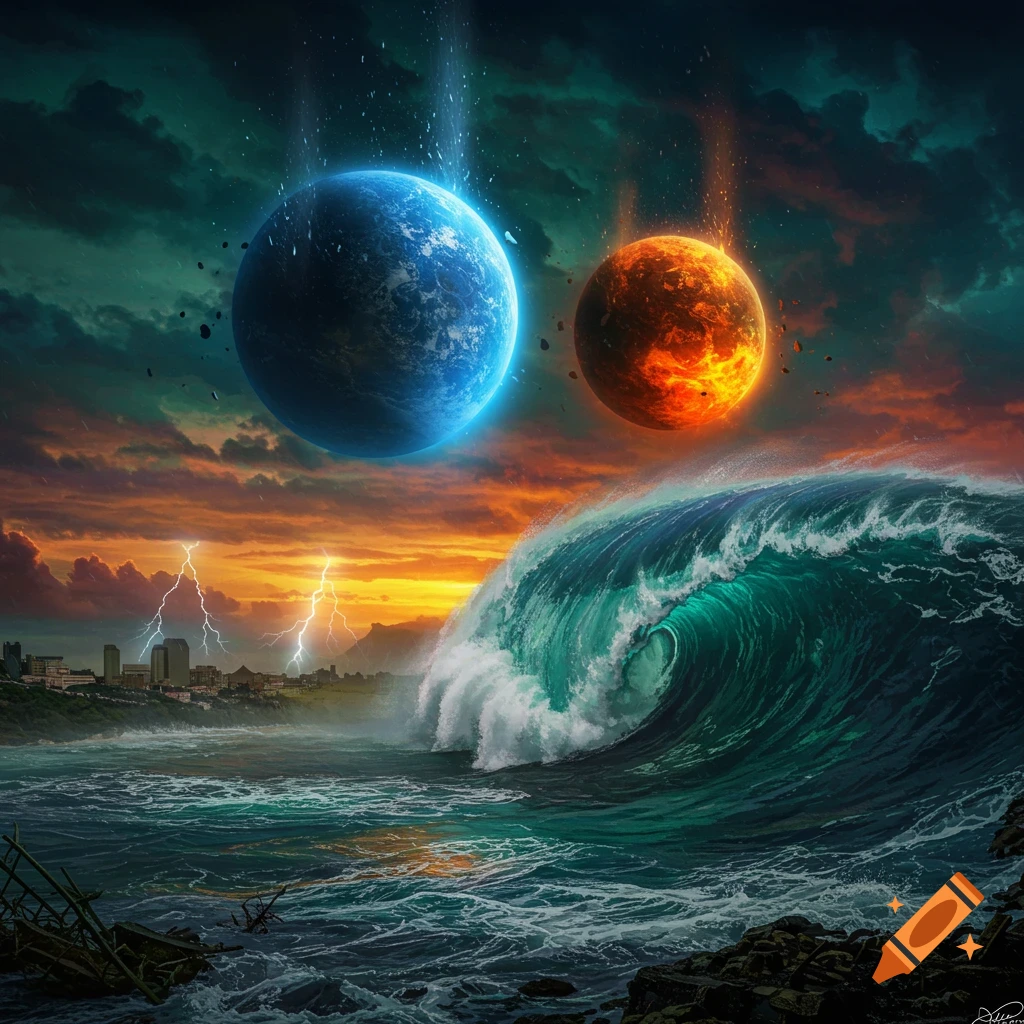 Dramatic depiction of two planets descending over a city during a massive tsunami and lightning storm at sunset.