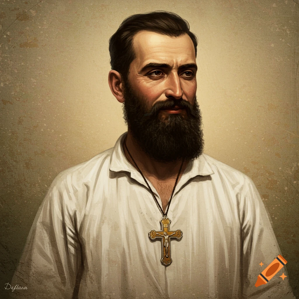 Painting of a bearded man wearing a white shirt and an Orthodox cross necklace.