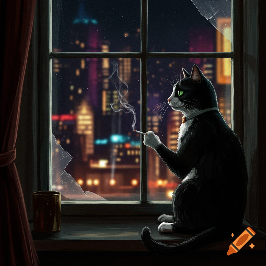 A tuxedo cat sits on a window ledge, smoking a cigarette and looking out at a city skyline at night.