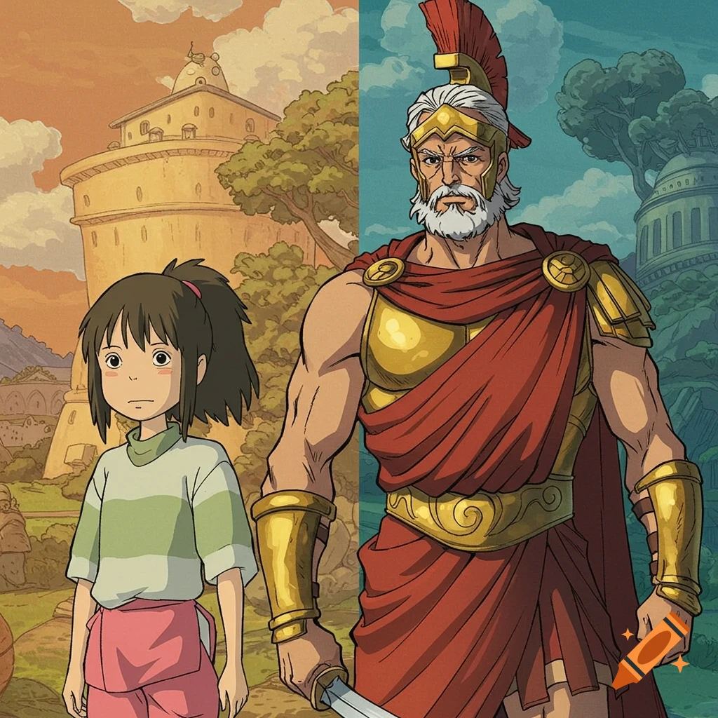 Split illustration of Chihiro from Spirited Away and a warrior in ancient armor.