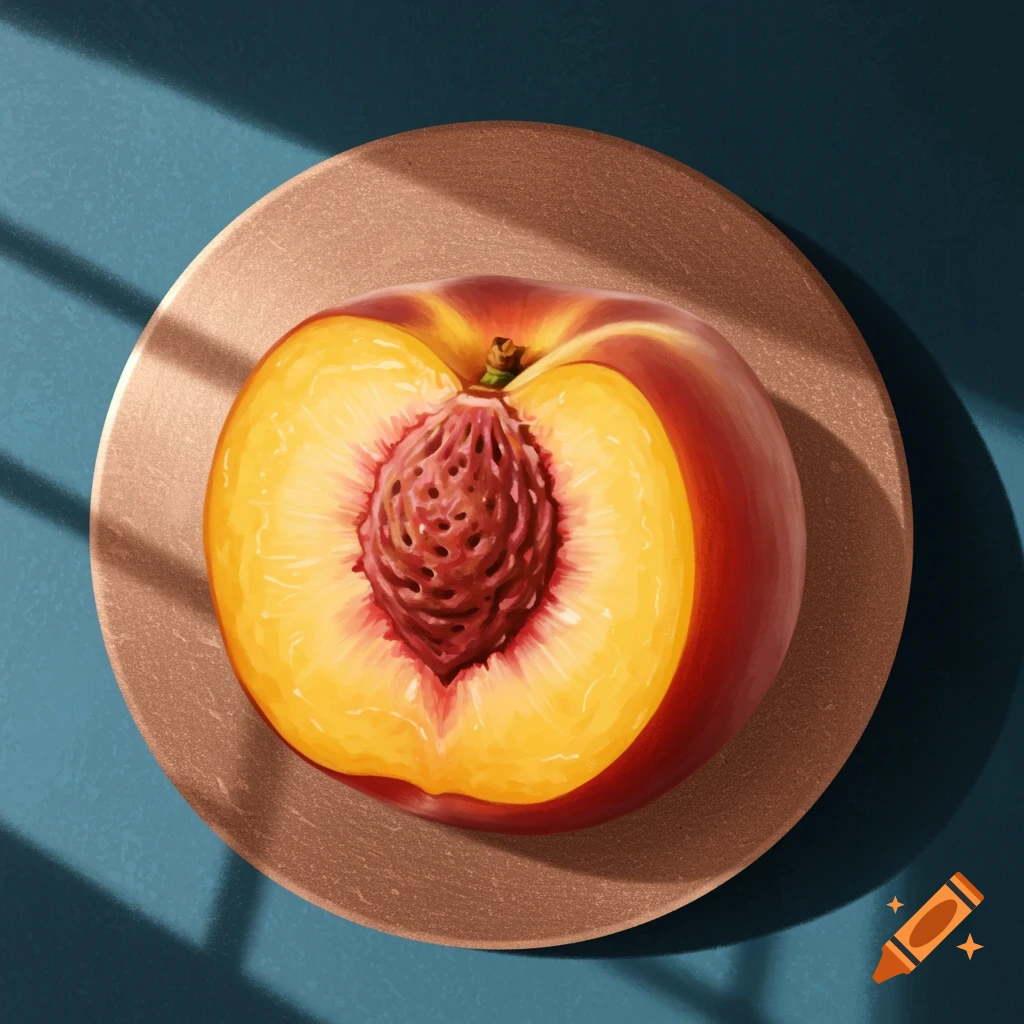 Illustration of a sliced peach on a copper plate with shadows
