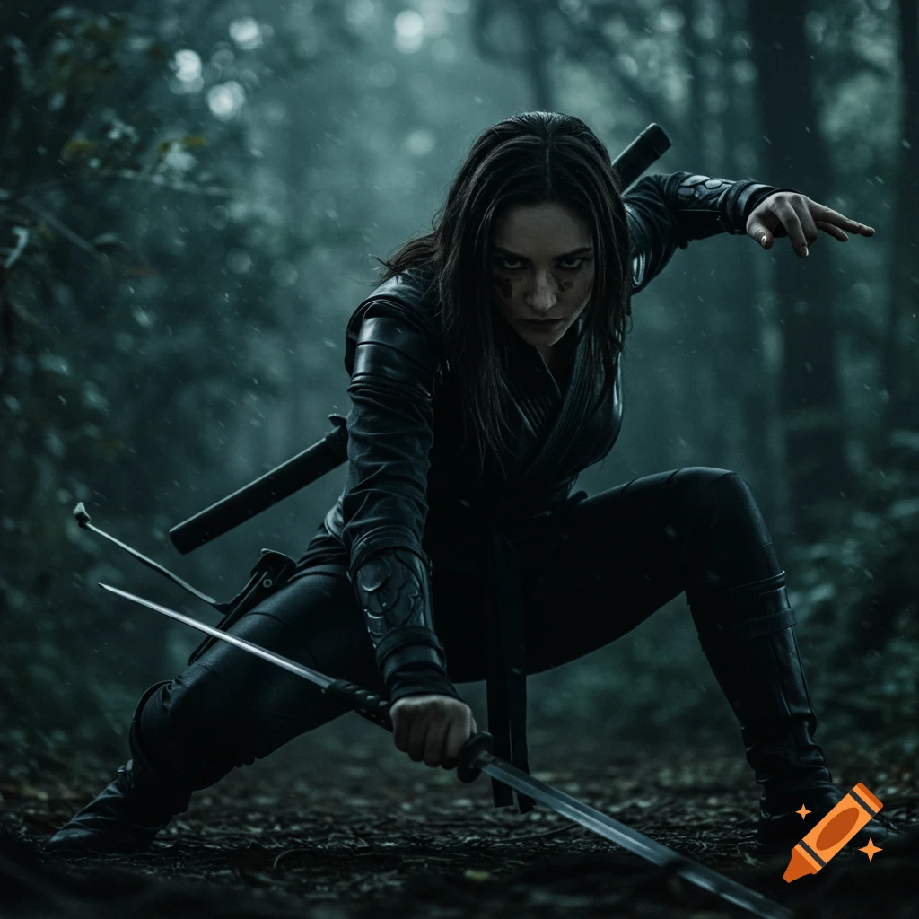 A female ninja crouches with swords in a rainy forest.