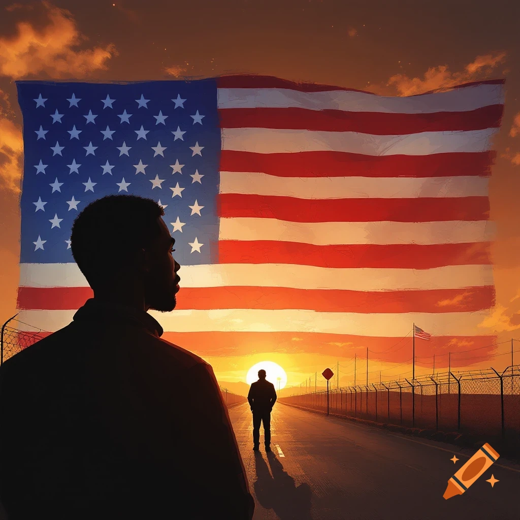 Silhouette looking at large American flag at sunset near a border fence.