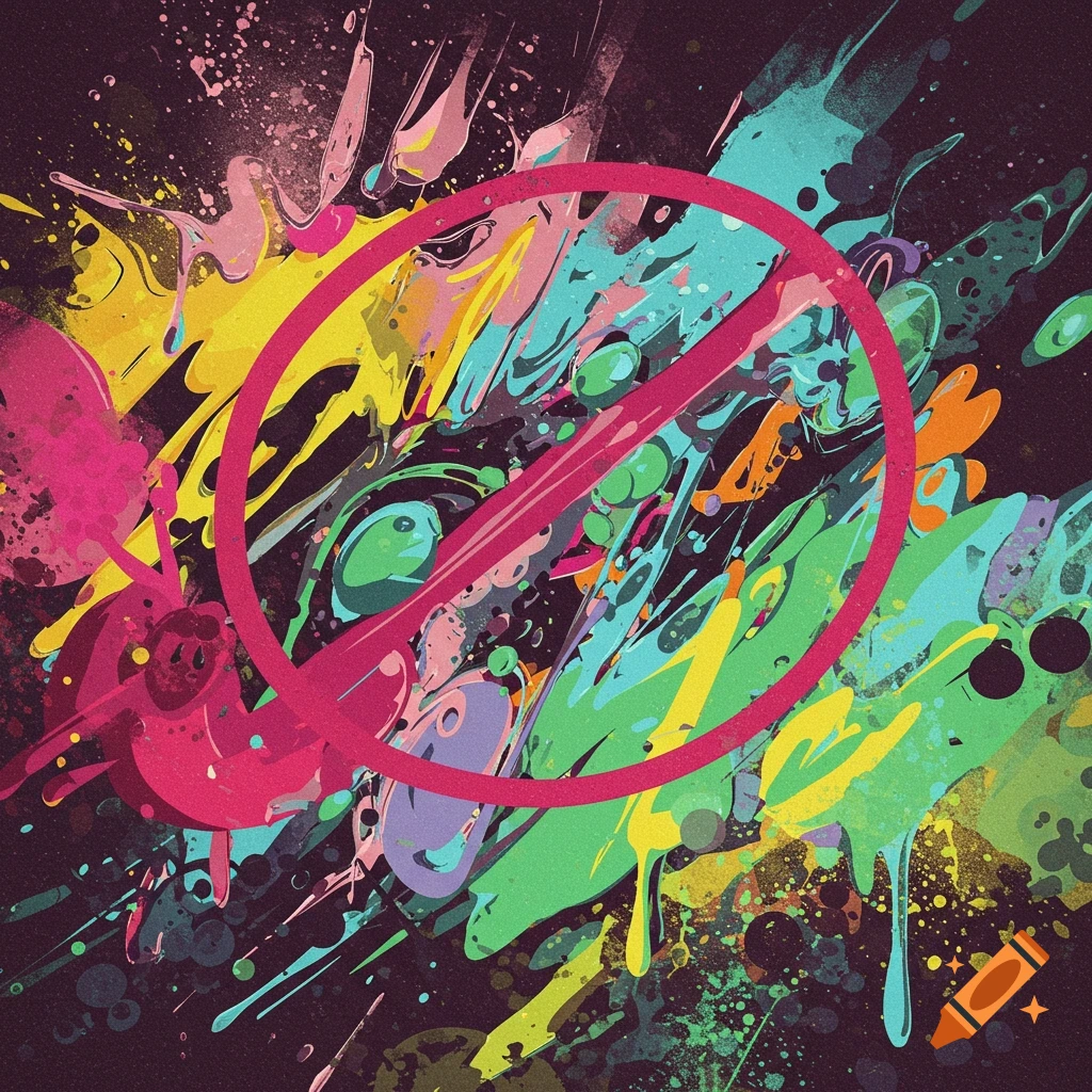 Abstract background with colorful paint splatters and a red prohibition symbol.