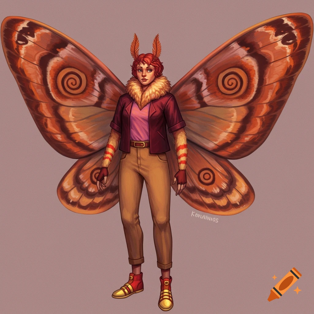 Illustration of a humanoid moth character with large patterned wings, red jacket, and tan pants.