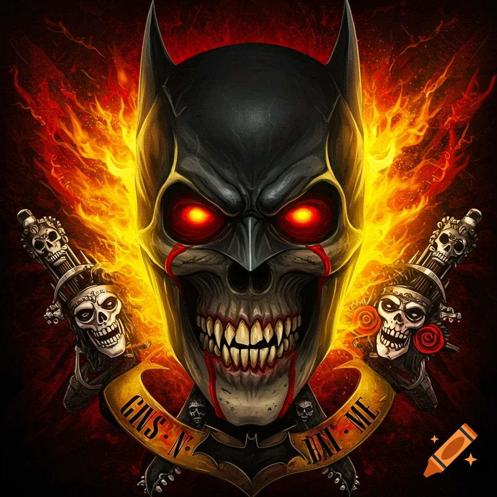 Batman skull with flames, sadistic grin, and Guns N’ Roses theme
