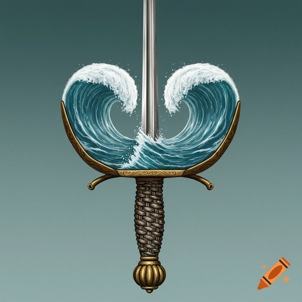 A detailed rapier sword with ocean waves forming its handguard.