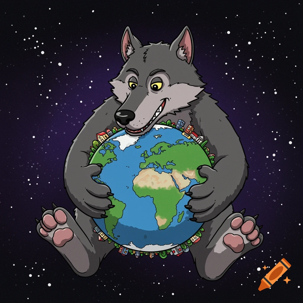Cartoon illustration of a large wolf holding the Earth in space.