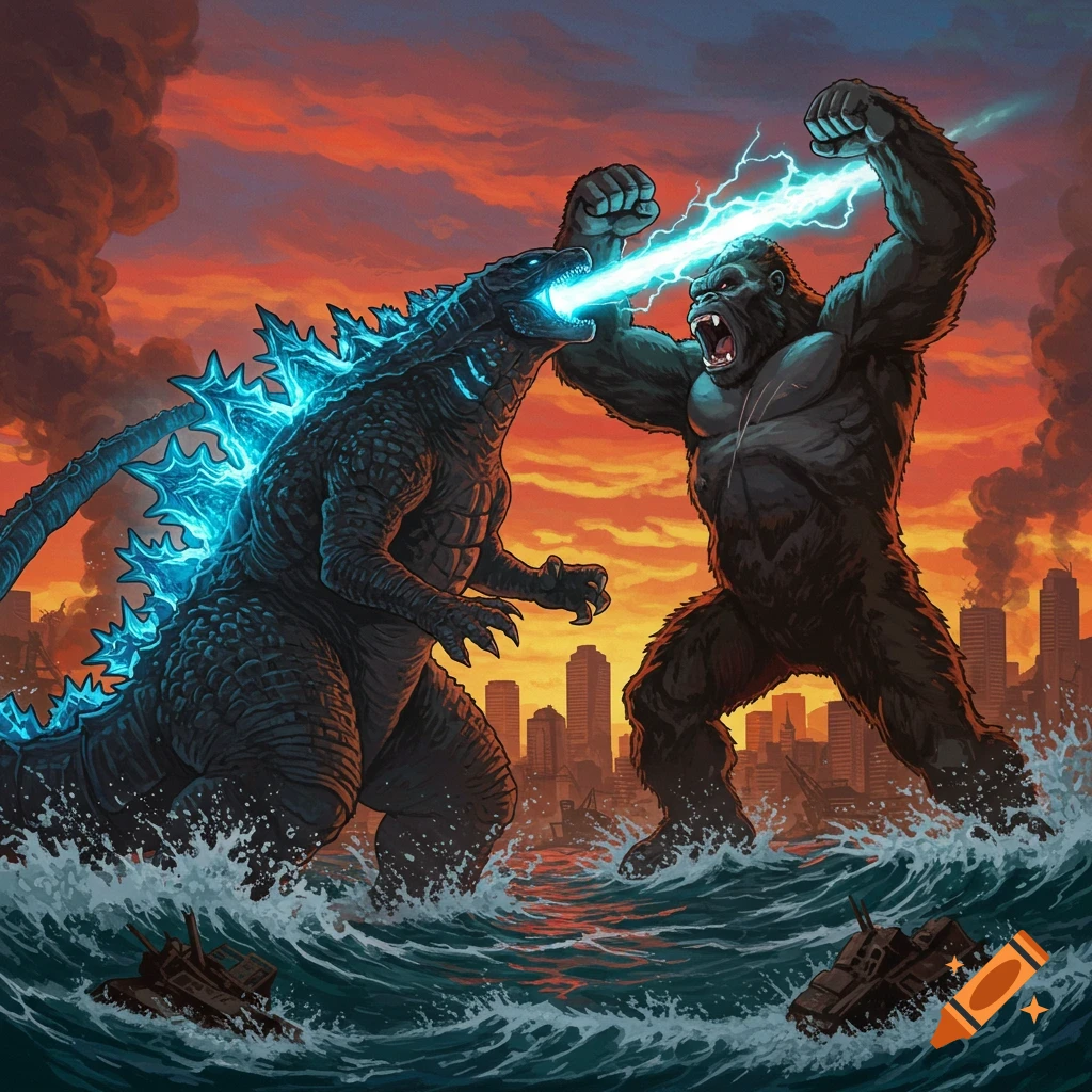 Illustration of Godzilla firing atomic breath at King Kong fighting in the ocean before a city skyline at sunset.