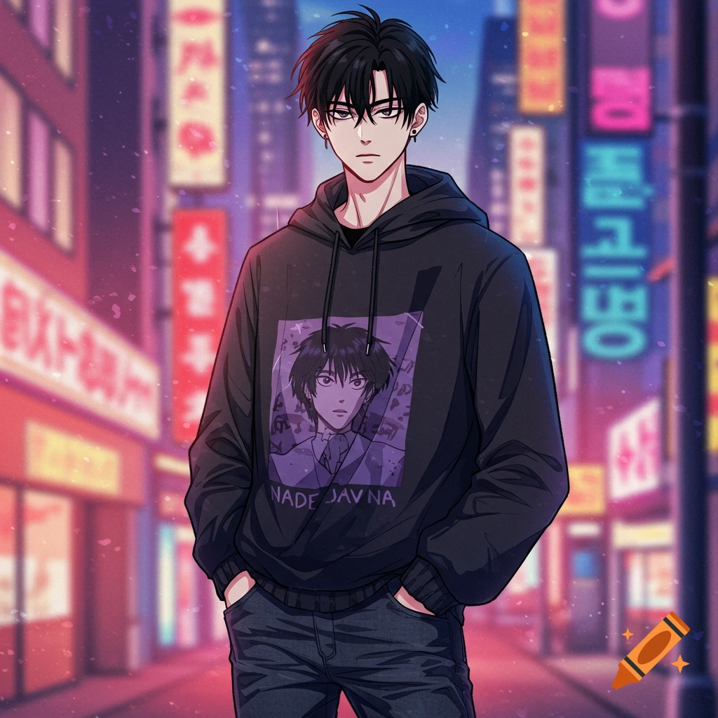 Anime style illustration of a young man in a black hoodie and jeans standing on a city street at night.