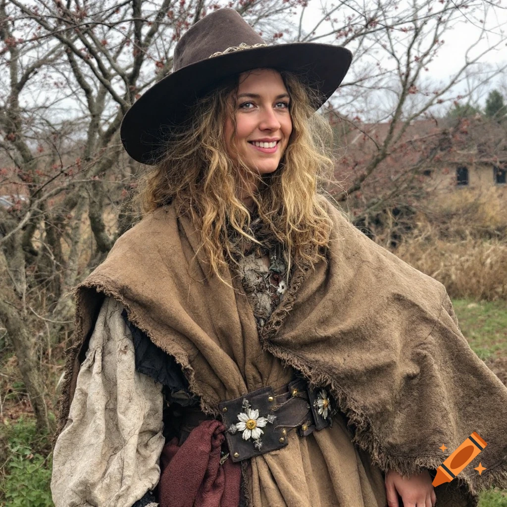 A woman wearing a wide-brimmed hat and ragged 1400s-style clothing smiles outdoors.