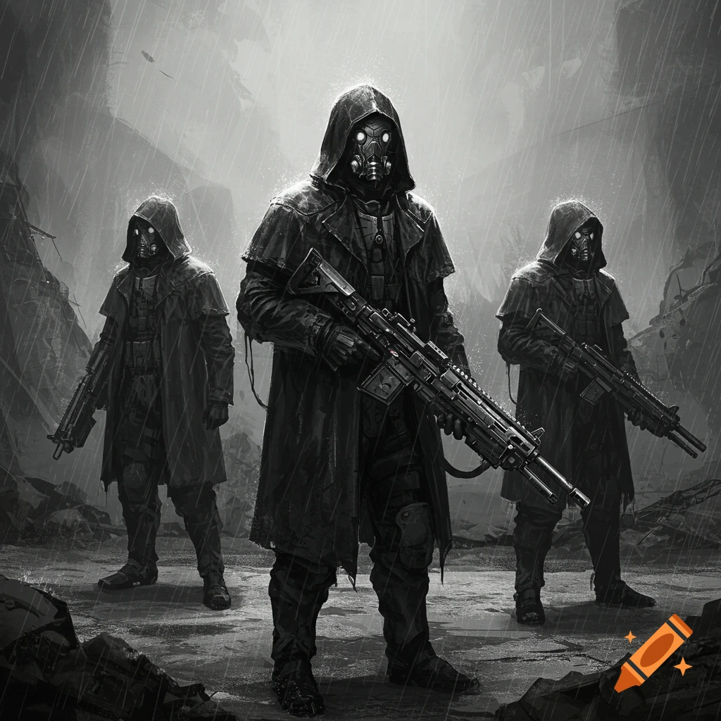 Three figures in gas masks and hooded ponchos hold rifles in the rain in a ruined monochrome landscape.