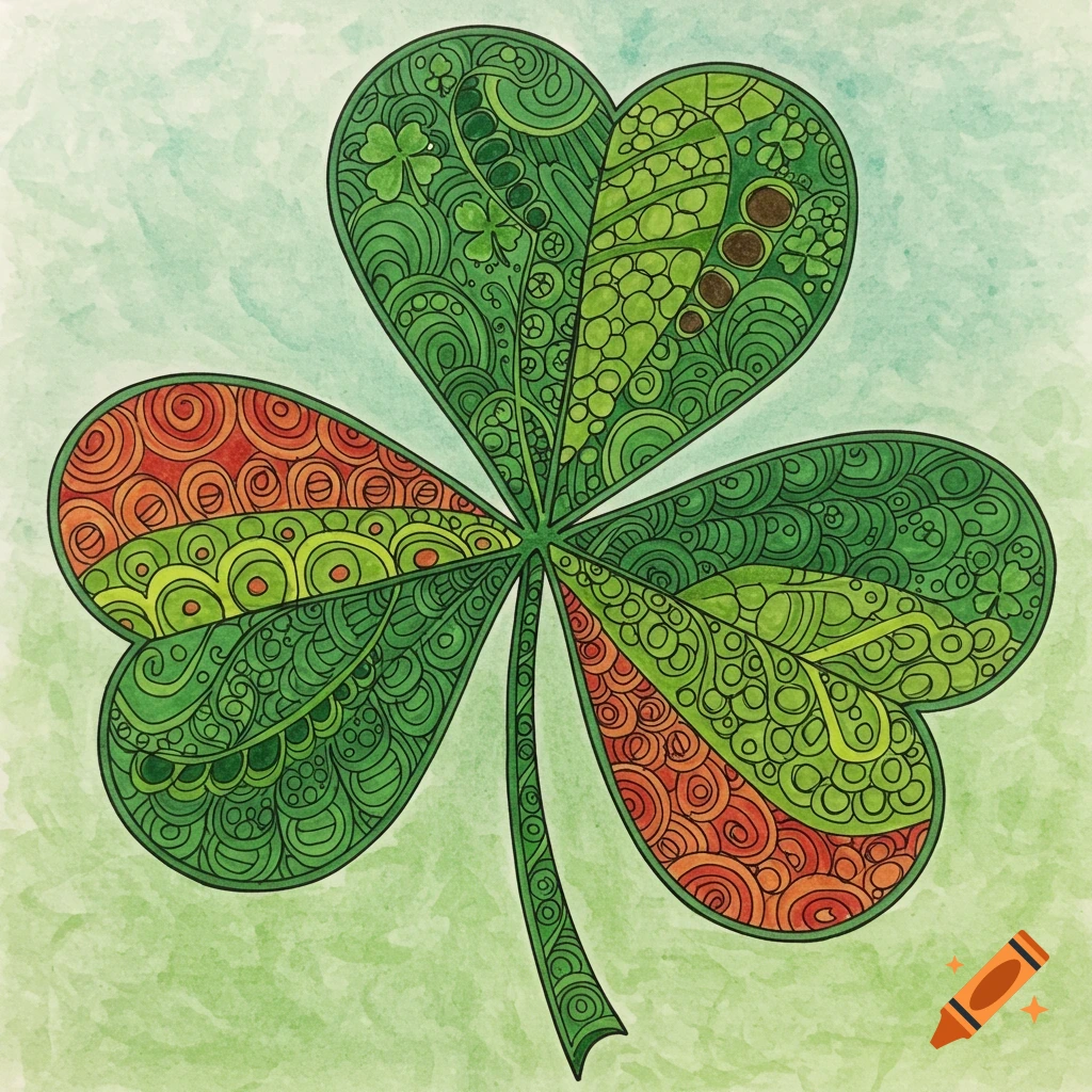 Watercolor illustration of a decorative shamrock with patterns in its leaves.