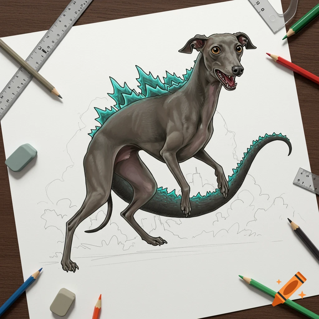Drawing of an Italian greyhound dressed as Godzilla on paper with pencils and eraser
