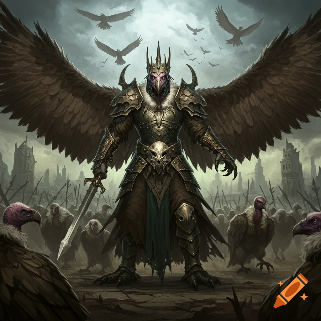 A fantasy art piece depicts a winged, armored vulture king standing before an army of vultures in a ruined city.