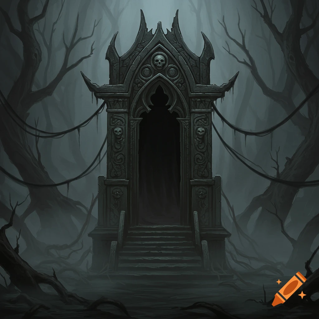 A dark, gothic shrine stands in a spooky, misty forest with bare trees.