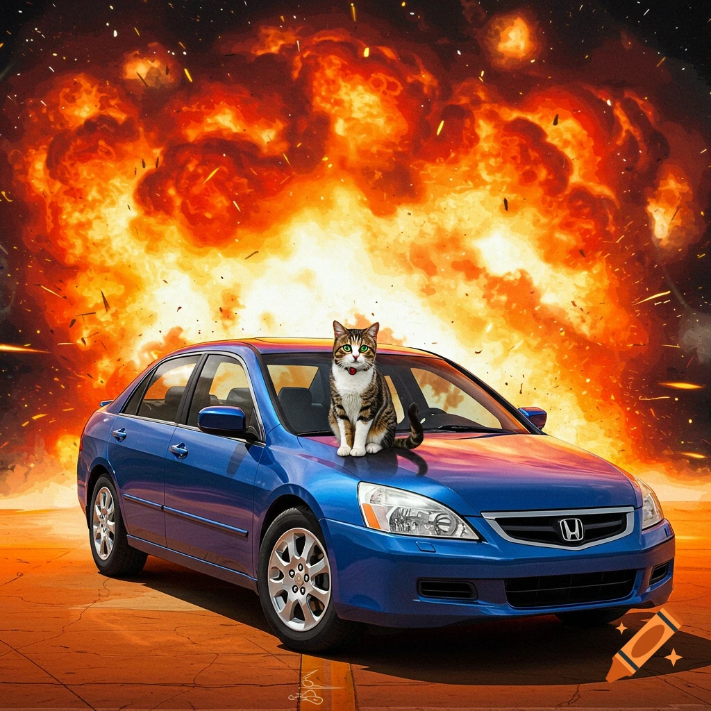 A cat sits on the hood of a blue Honda car with a large explosion behind it.