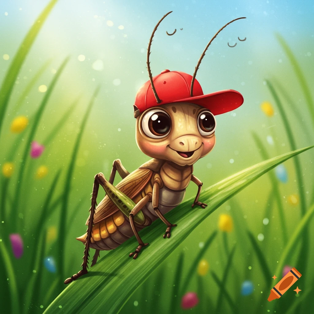 Cartoon illustration of a cute cricket wearing a red baseball cap on a blade of grass.