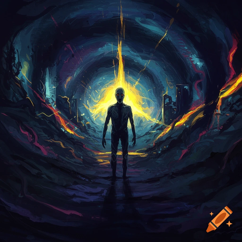 A dark figure with glowing eyes stands in a swirling, abstract tunnel of dark blues, reds, and bright yellow light.