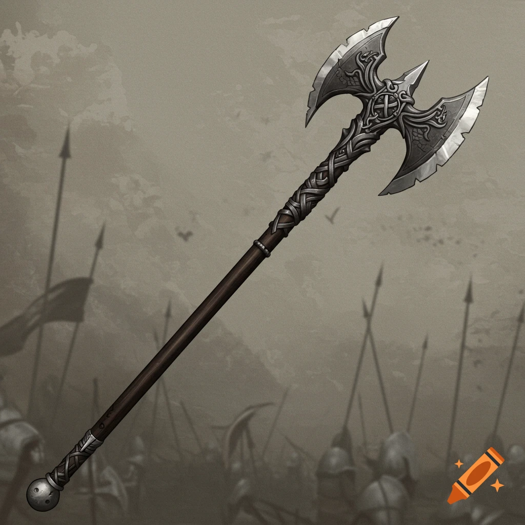 A large, ornate, double-bladed fantasy axe stands upright against a blurry background of soldiers. Digitally painted.