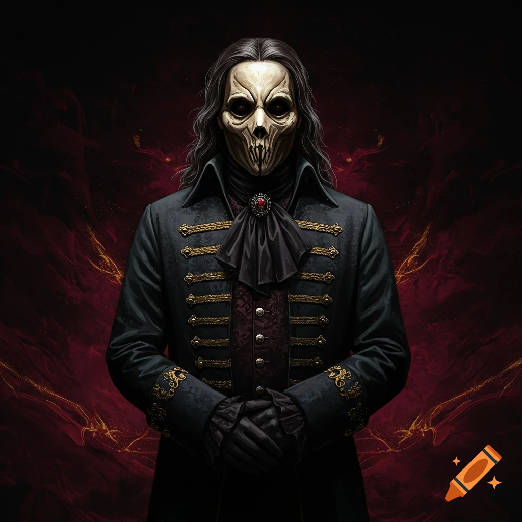 Figure in skull mask and gothic coat against a dark red background.