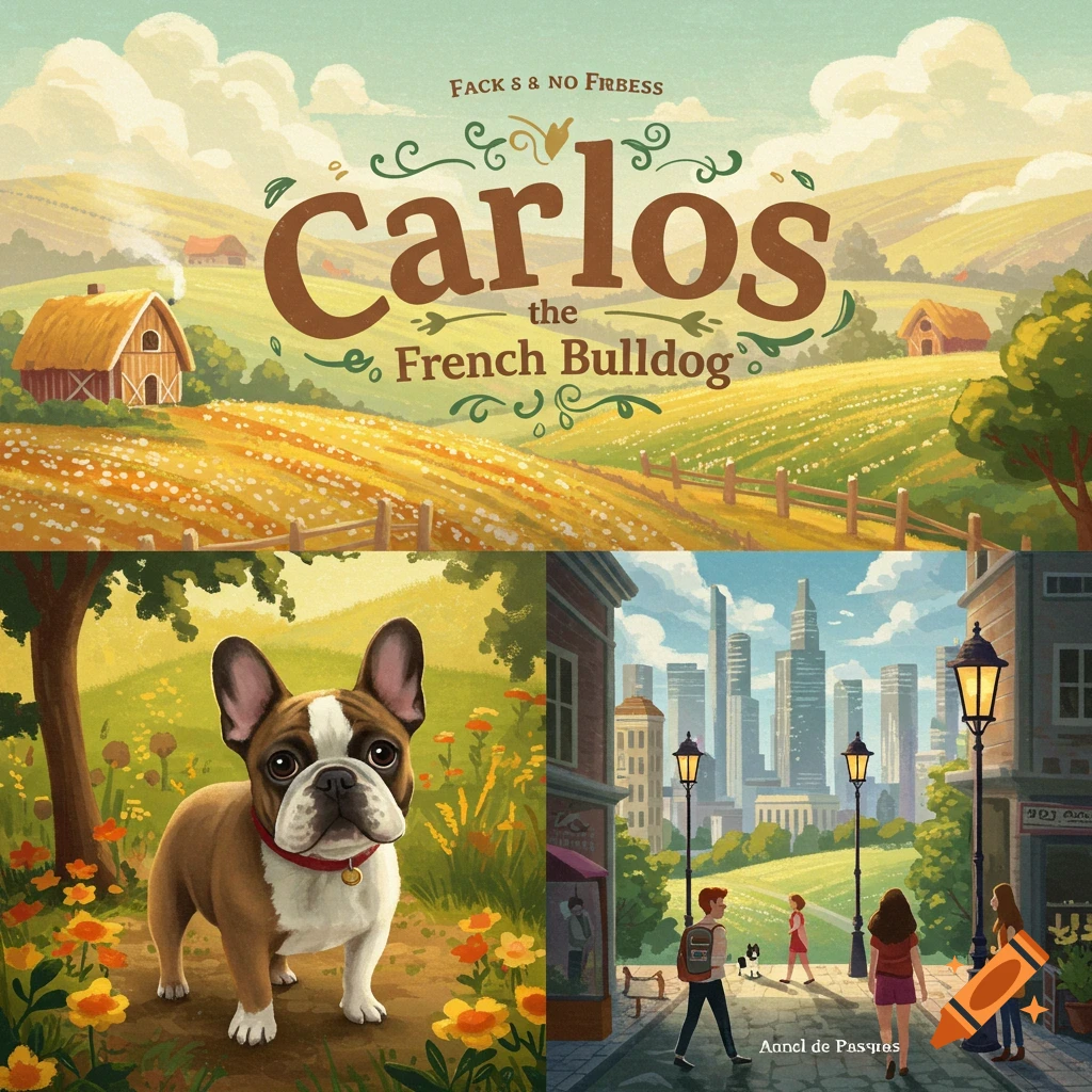 A split image illustration. Top shows a farm scene with the title 'Carlos the French Bulldog'. Bottom left shows a French Bulldog in a field of flowers. Bottom right shows a city street.