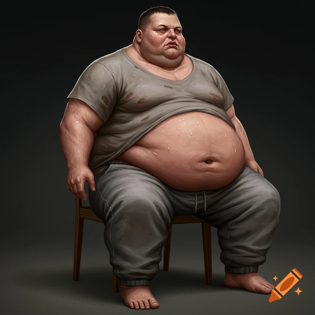 An obese man is sitting on a chair, sweating.
