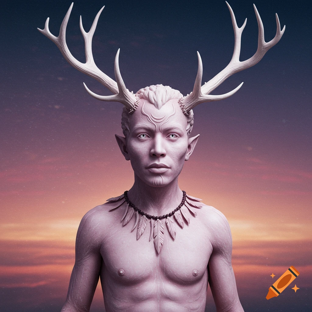 A pale, humanoid figure with large antlers and a feather necklace stands against a twilight sky.