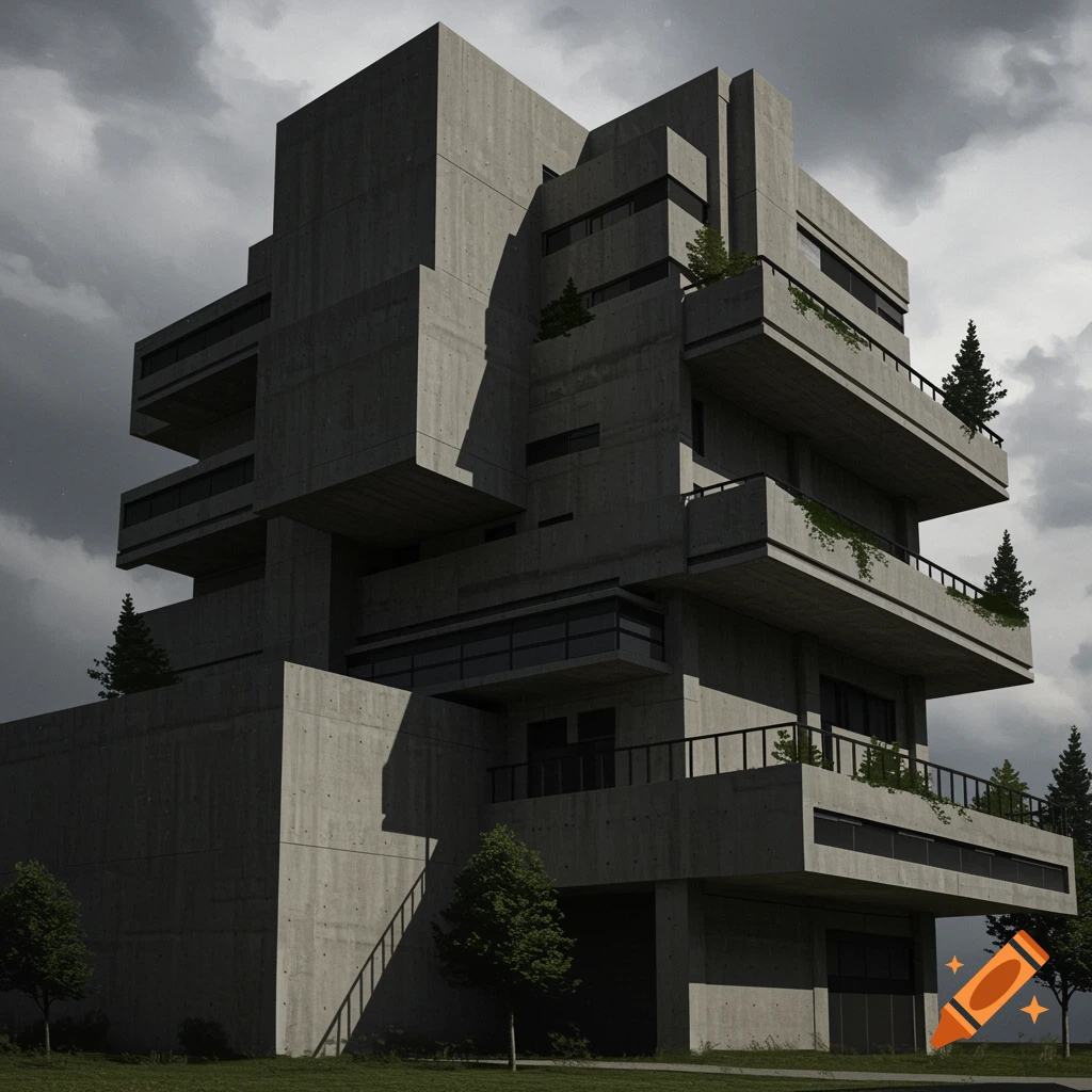 Photorealistic image of a geometric brutalist concrete building with balconies and trees against a dramatic cloudy sky.