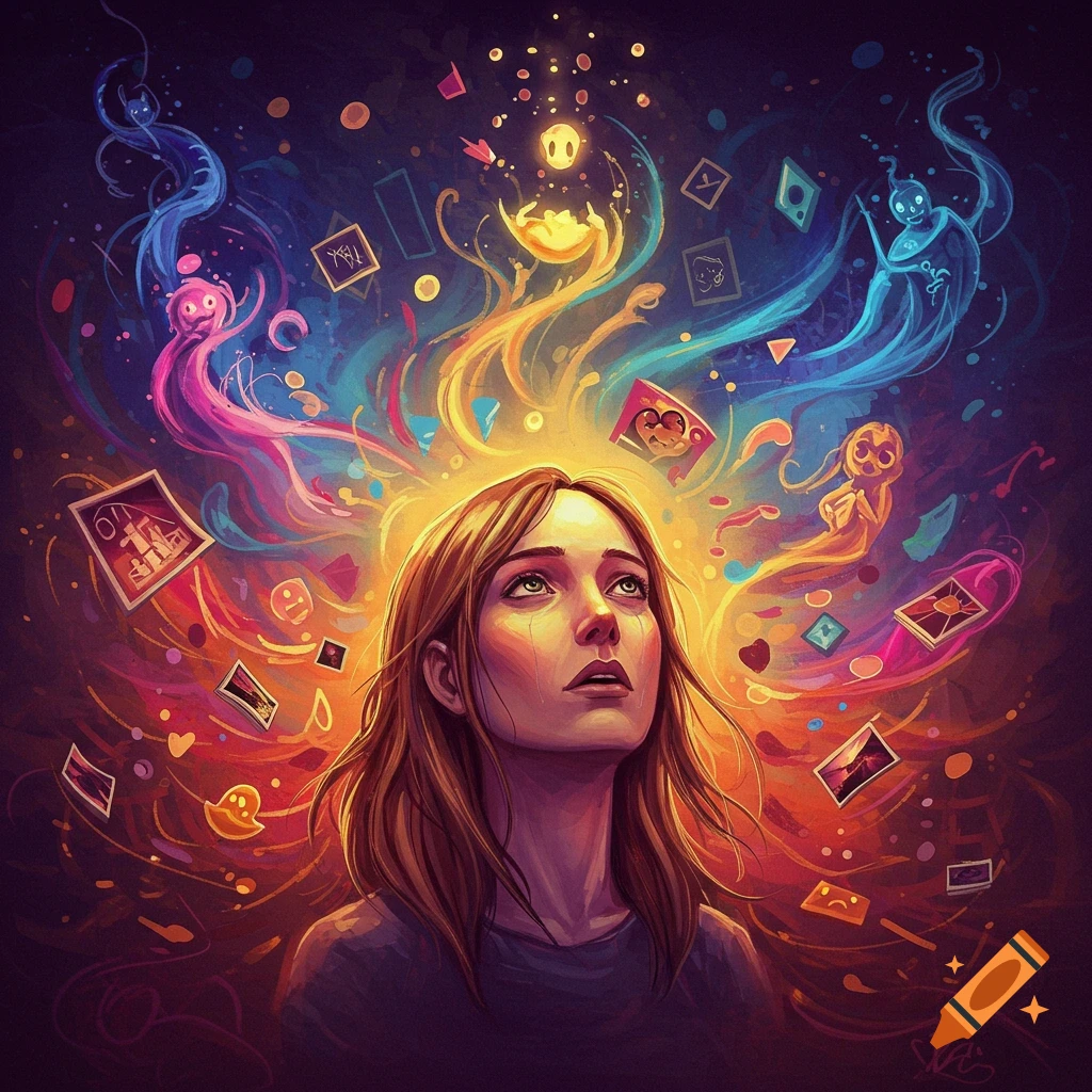 Woman looking up with colorful abstract thoughts, ghosts, and images floating from her head, digital art.