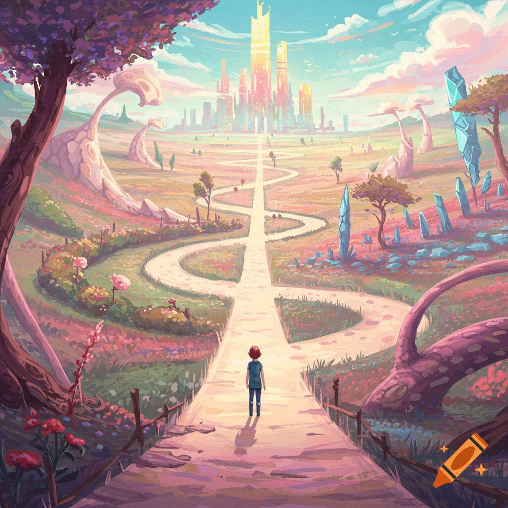 Small figure on a path through a colourful fantasy landscape towards a bright distant city, digital art style.