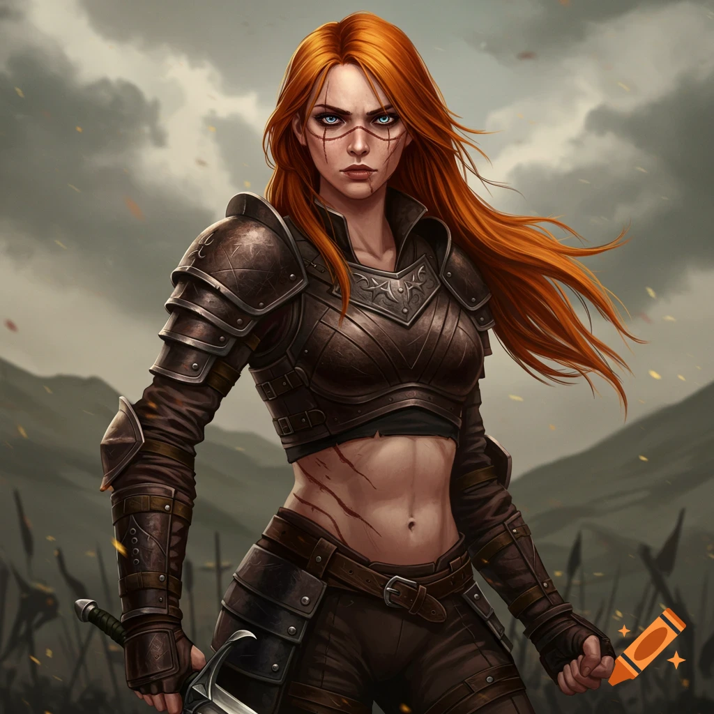 A red-haired warrior woman with scars and blue eyes in leather armor holding a sword on a battlefield.