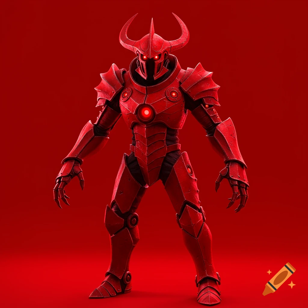 A red armored figure with horns and glowing red eyes stands against a red background.