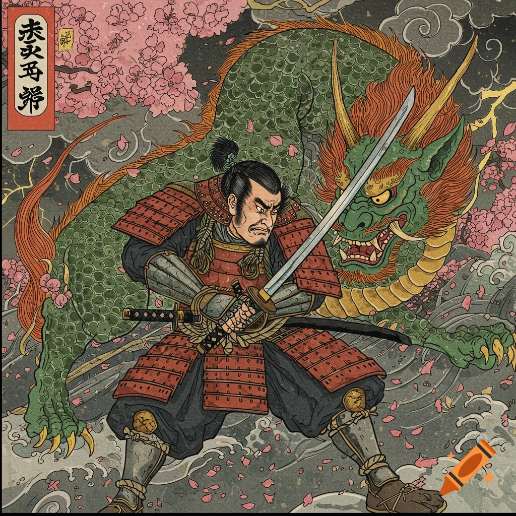 A samurai fights a green dragon among cherry blossoms in a traditional Japanese art style.