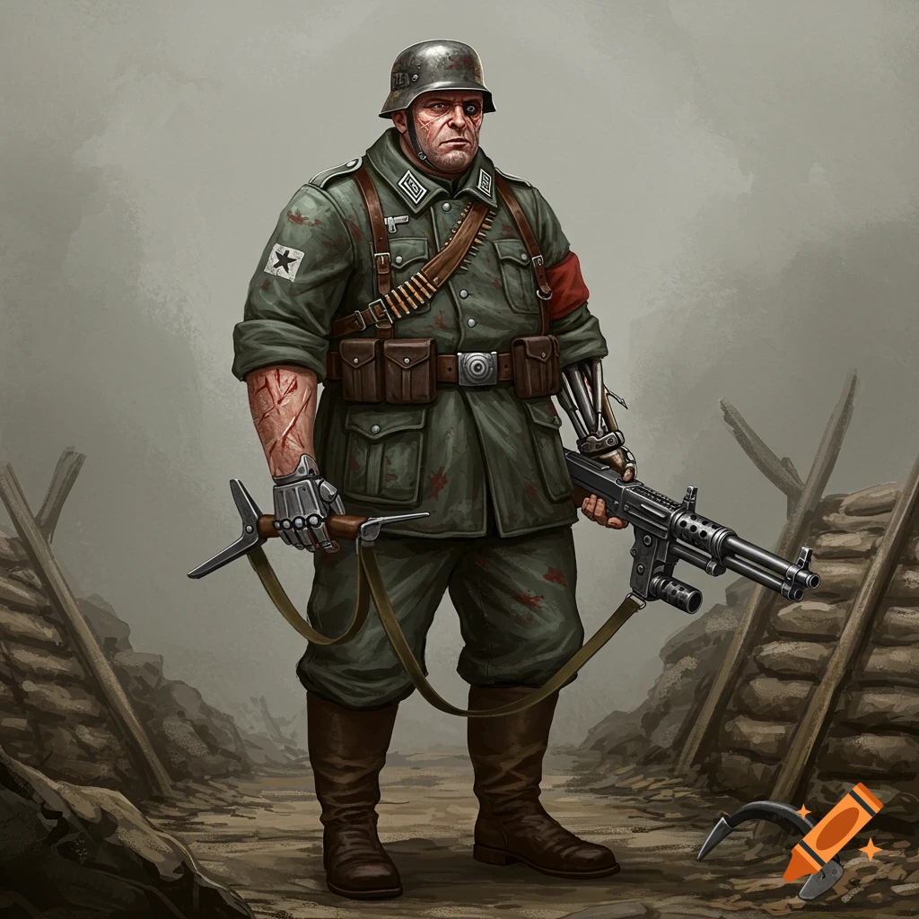 Stylized illustration of a WW2-style soldier with scars and a robotic arm, holding a machine gun in a trench.
