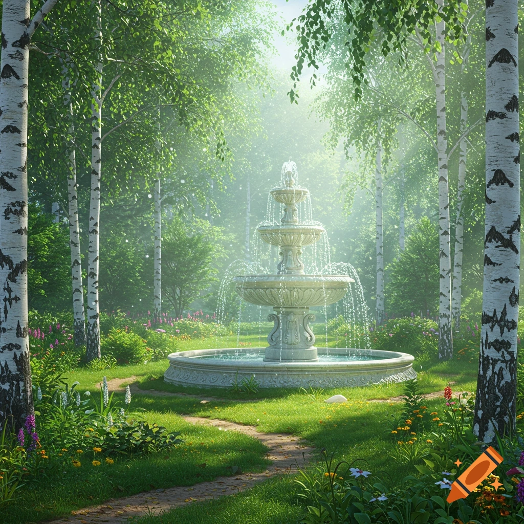 A grand fountain in a sunny birch forest garden.