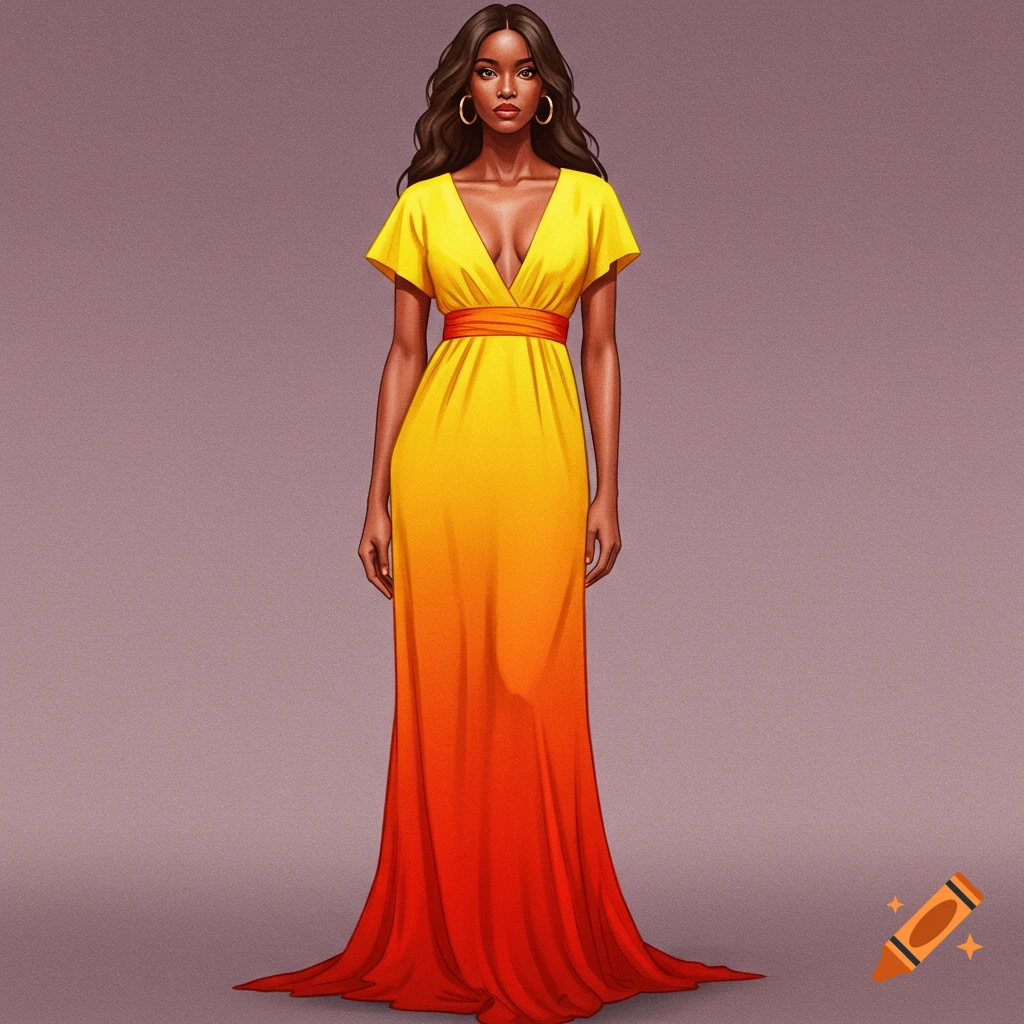 Stylized illustration of a woman in an orange and yellow gradient dress.