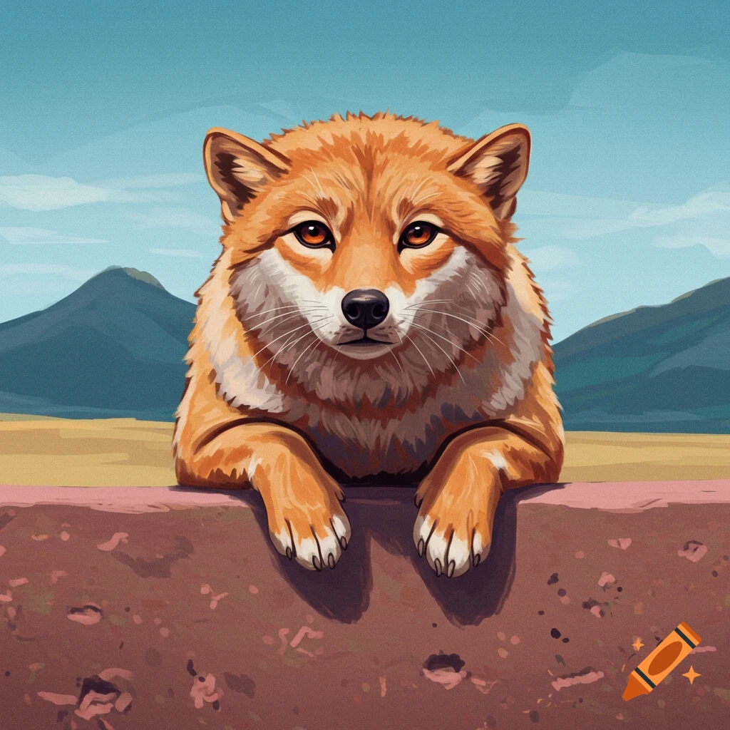 An illustration of a fox or coyote resting its paws on a wall with a landscape background.