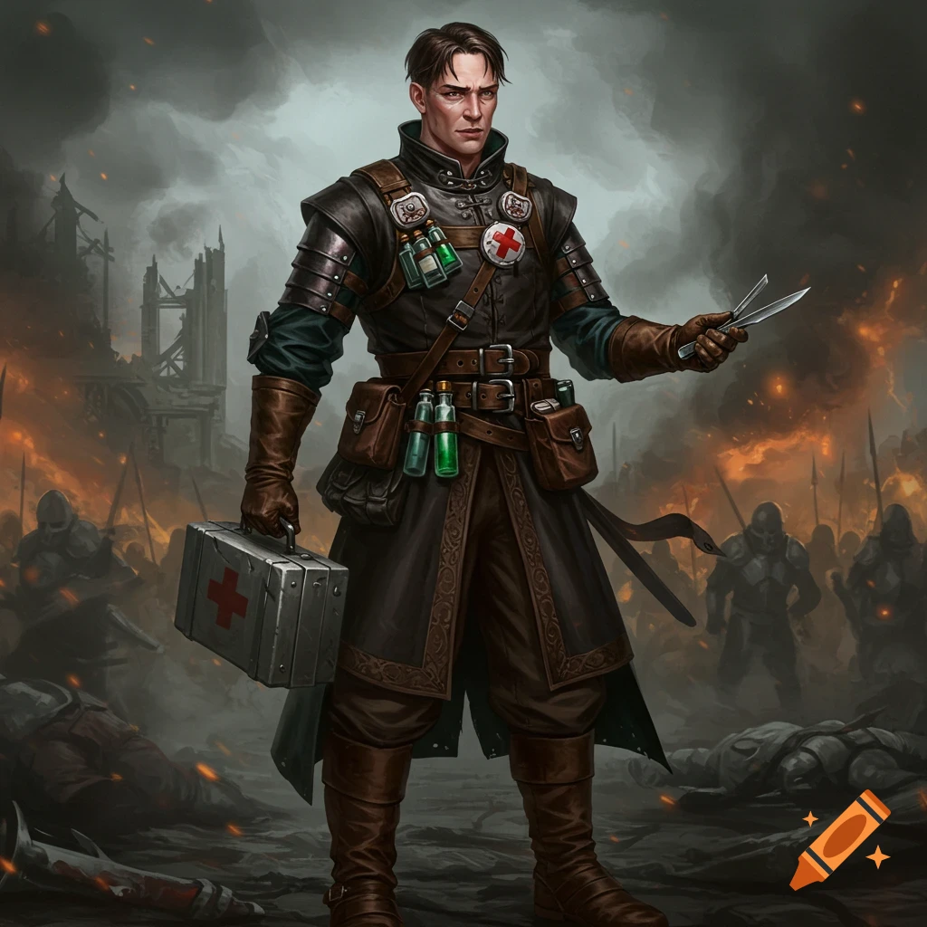 Fantasy physician on a battlefield holding medical tools and kit, surrounded by fallen figures and warriors. Dark, stylized art.