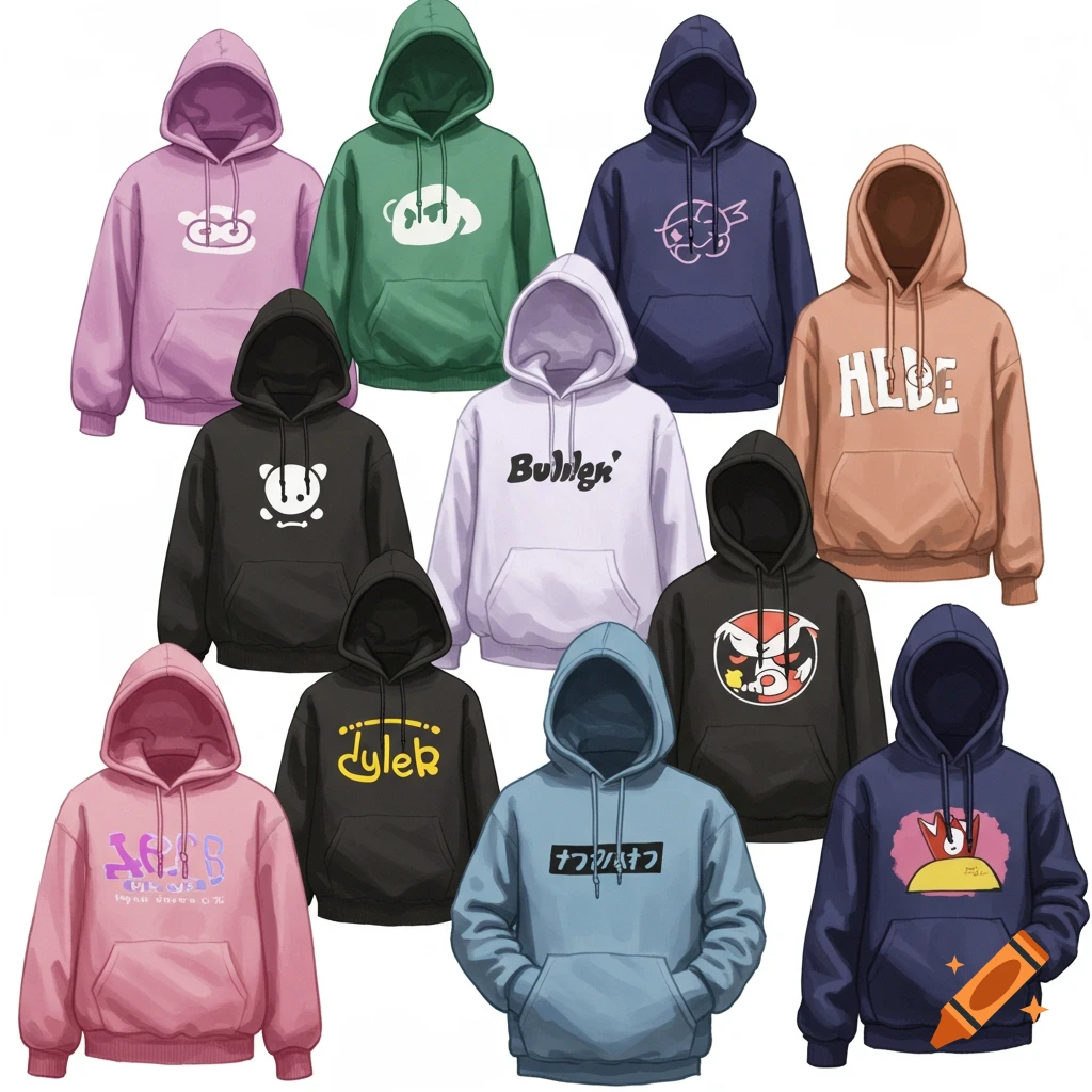 Illustration of multiple hoodies in various colors with different logos and text designs.