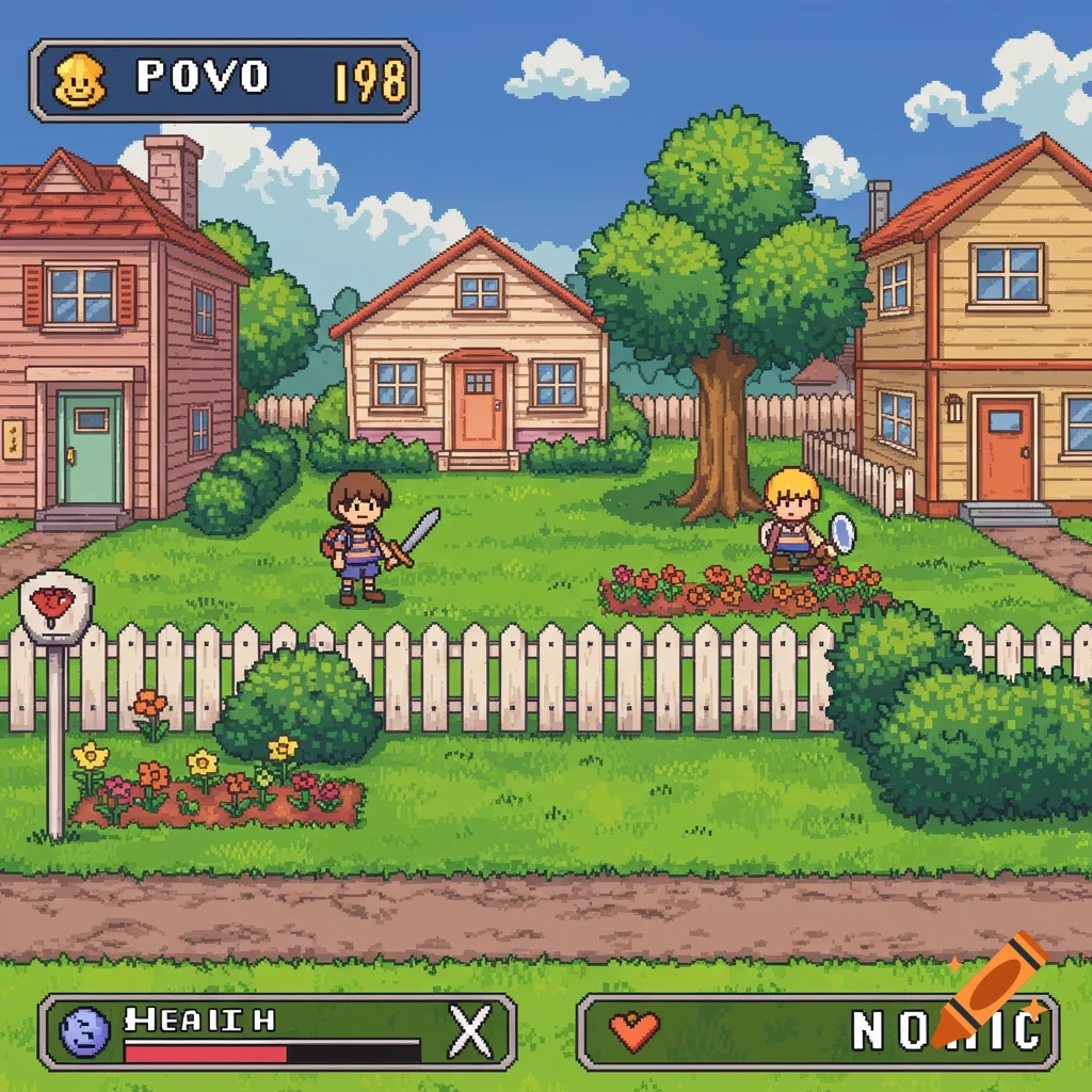 Pixel art video game screenshot of two characters in a yard with houses, showing game UI.