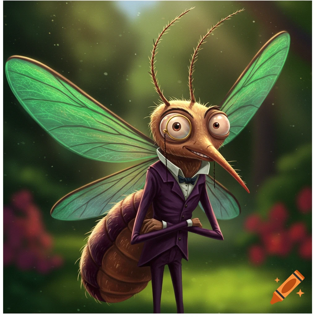 A cartoon anthropomorphic mosquito wearing a purple suit and a monocle stands in an outdoor setting.