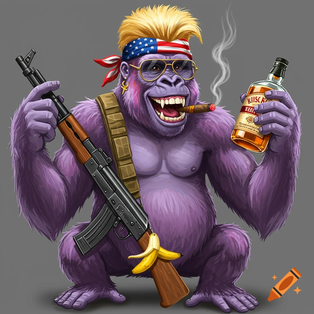 Cartoon purple gorilla with mullet, bandana, sunglasses, holding a rifle with banana and a whiskey bottle, smiling.
