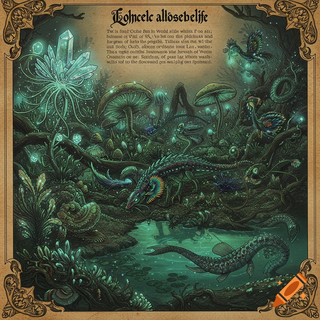 Stylized illustration resembling an ancient encyclopedia page showing fantastical creatures and plants in a glowing forest.