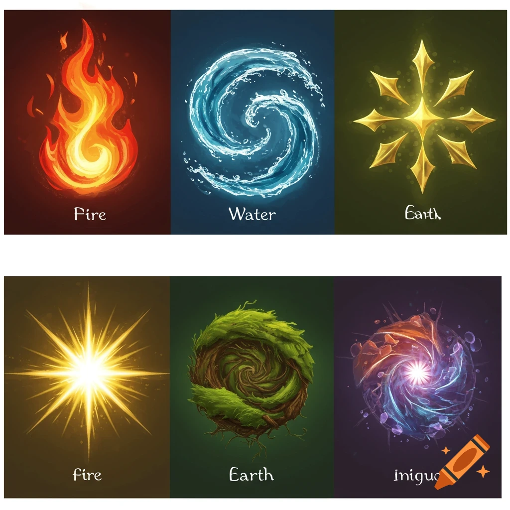 Six symbolic illustrations of elements like fire, water, and earth.