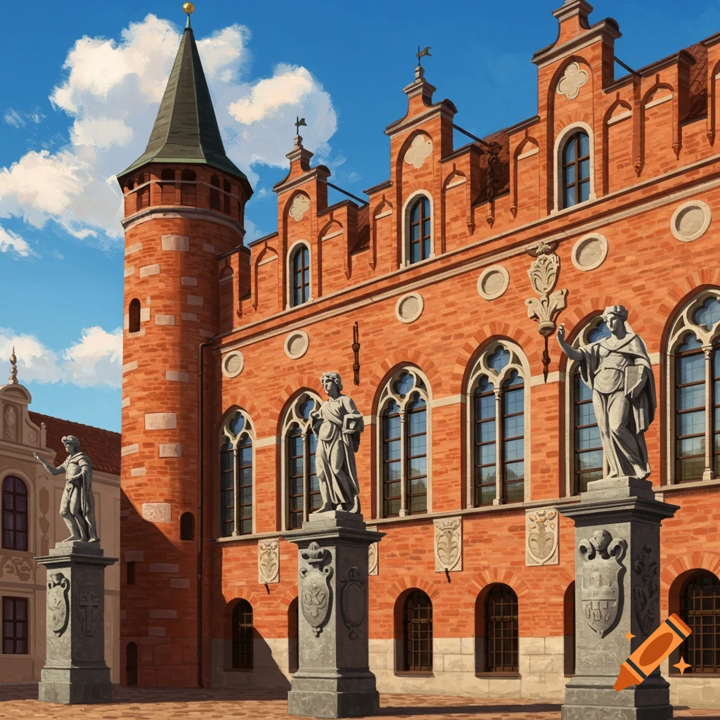 A red brick historic building with a tower and statues in front under a blue sky.