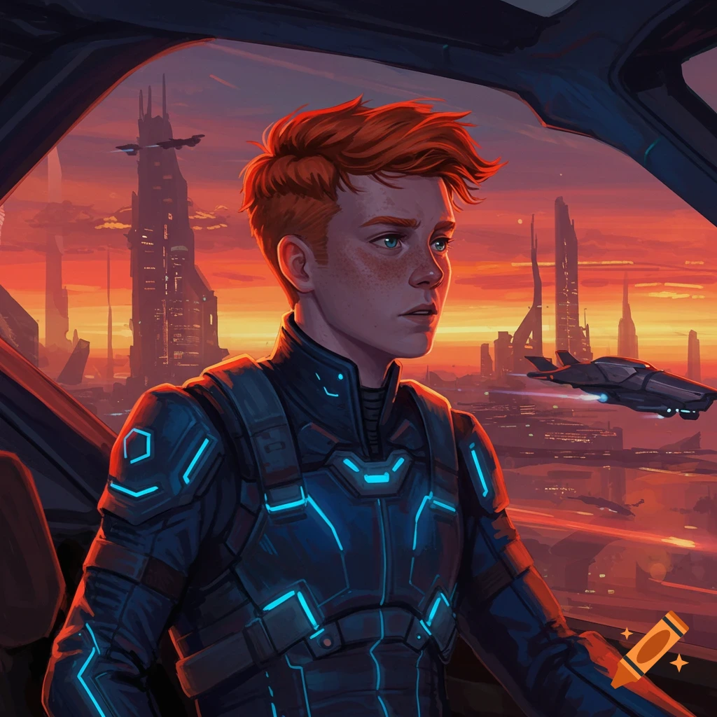 Red-haired pilot in a futuristic suit looking out at a sci-fi city skyline and spaceship at sunset.
