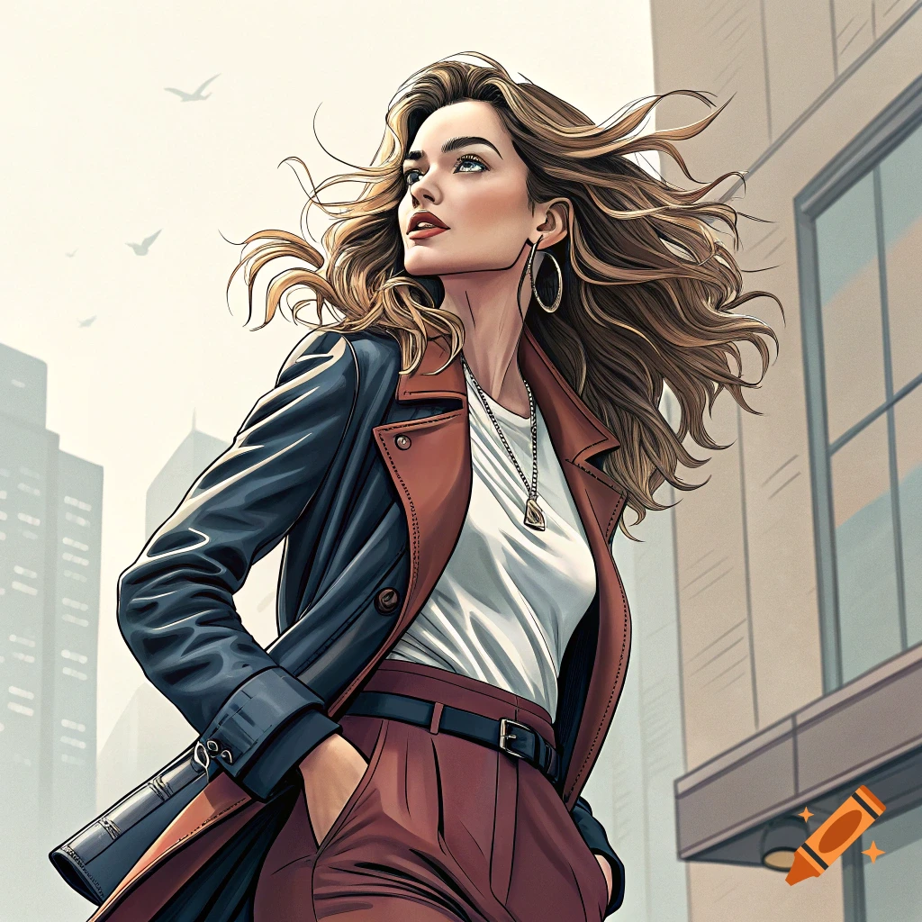 Illustration of a stylish woman in a leather coat walking in a city, wind blowing her hair.