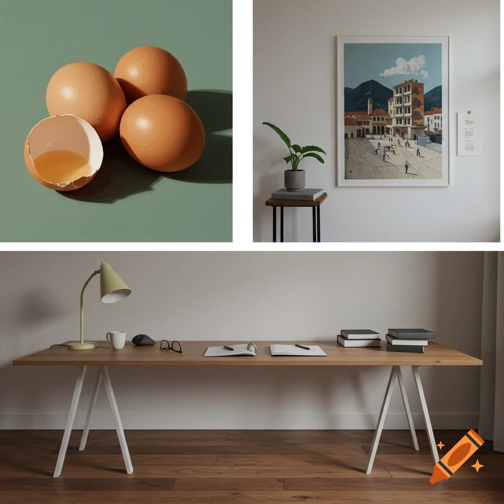 A collage featuring a broken egg among whole eggs, a framed painting of a European town square, and a modern wooden desk with a lamp, books, and computer mouse.